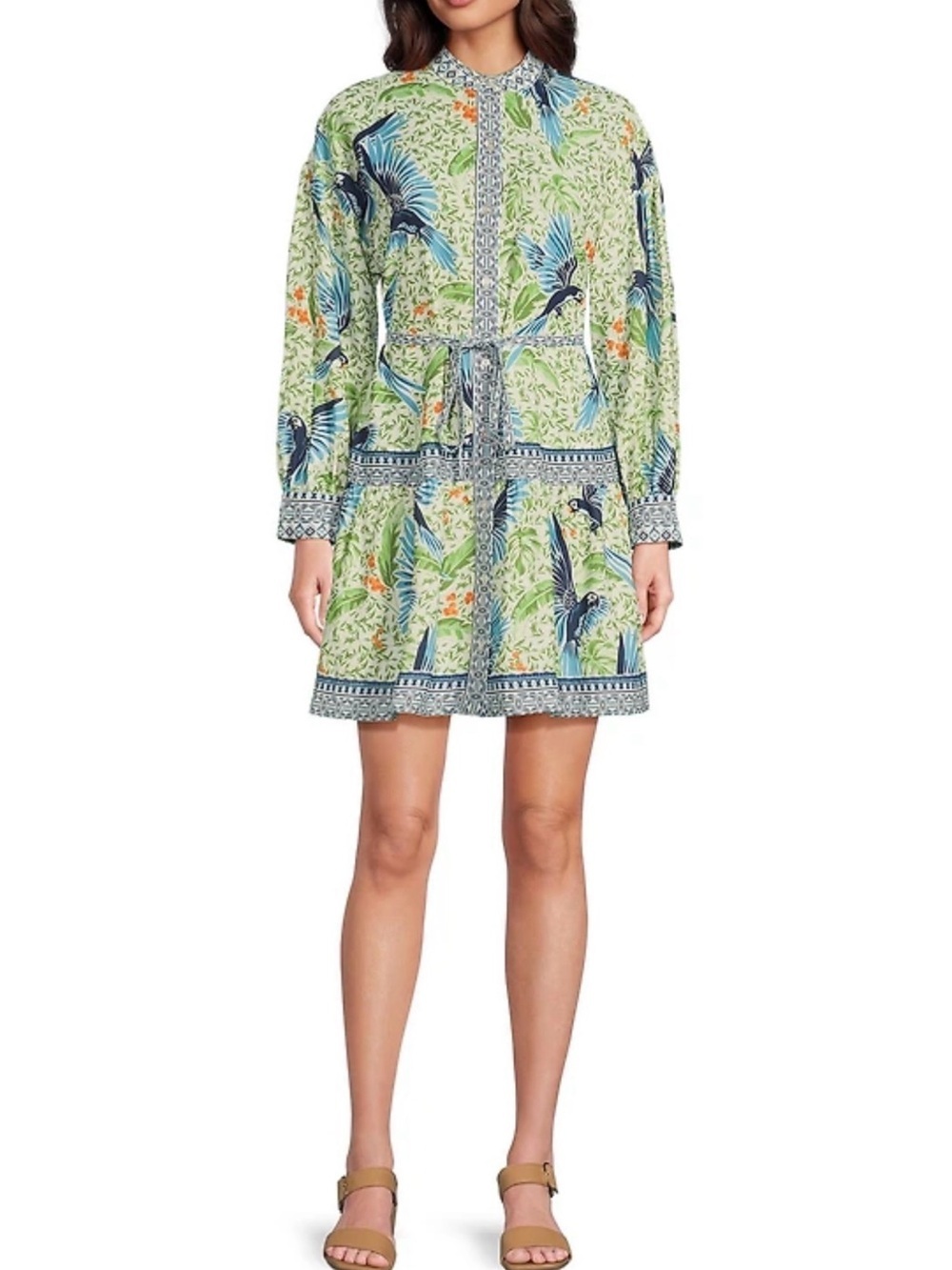 Alex Marie Tropical Oasis Bird Print Puff Sleeve Button Front Dress Sz 14